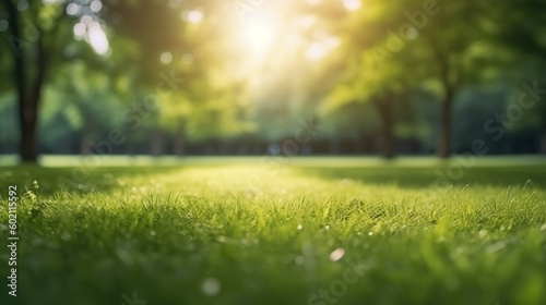 A green grass field with trees in the background