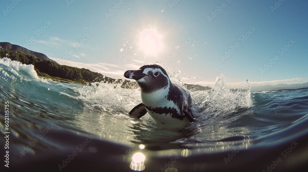 Fototapeta premium Penguin surfing in the ocean on a surf board during the vacation. Generative AI