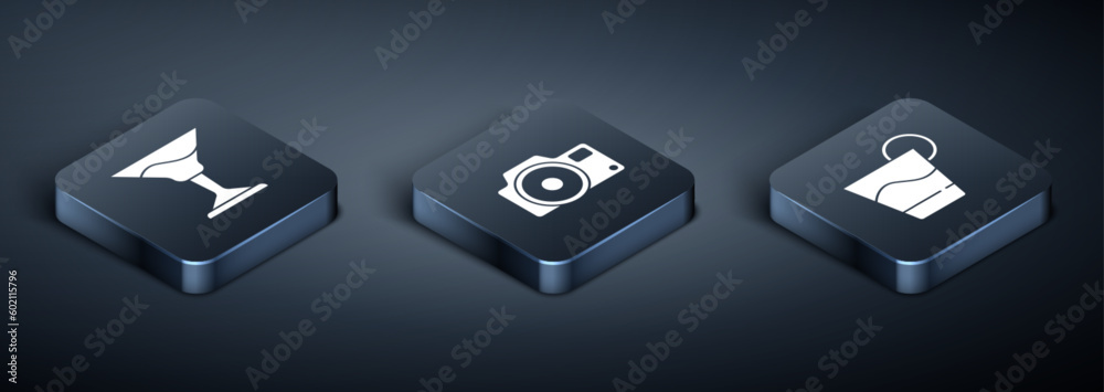 Set Isometric Cocktail, and Photo camera icon. Vector