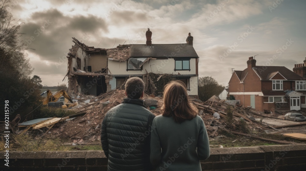 An old couple looking out window watching their house being demolished. Generative AI