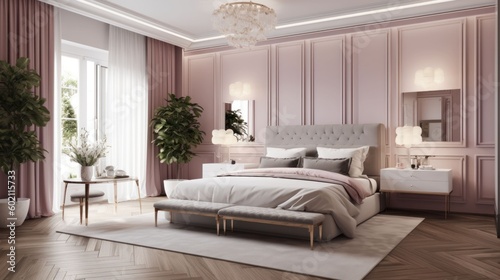 Modern bedroom interior design with pink walls and bright illumination. Hi-tech minimalism style. Generative AI © Generative Professor