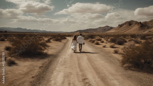 Wedding couple running in the middle of the desert alone. Generative AI