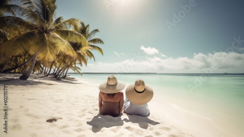 Wedding couple in hats on the ocean beach. Generative AI © Generative Professor