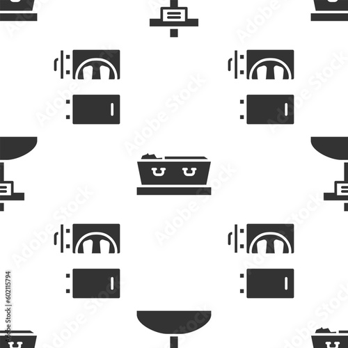 Set Grave with cross, Coffin with dead and Crematorium on seamless pattern. Vector
