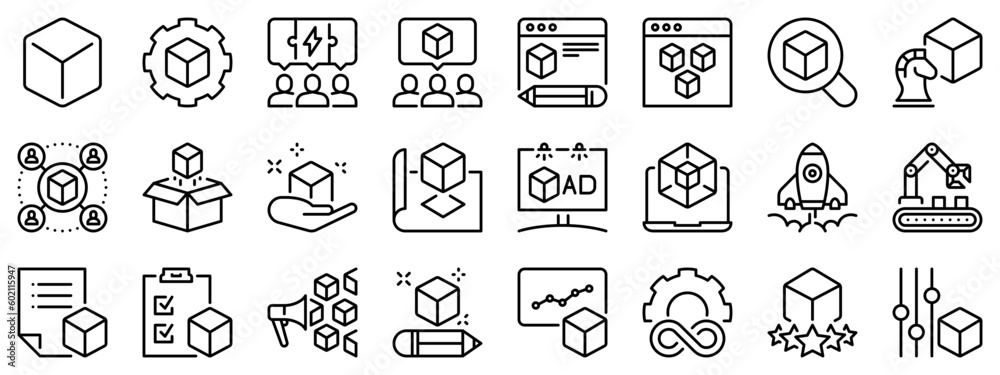 Line icons about product development on transparent background with editable stroke.