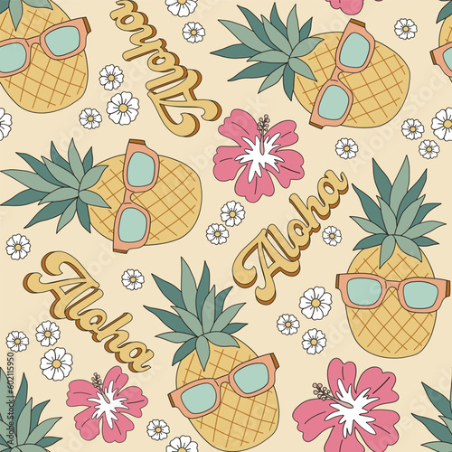 Cool pineapple in sunglasses Hibiscus flower vector seamless pattern. Hawaii vacation background. Retro Aloha surface design for textile, scrap book 