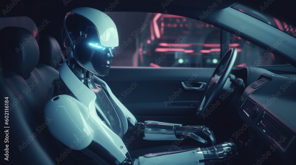. AI Artificial Inteliigence Robot Driving a Car. Self Driving Cars Concept. Generative AIAI