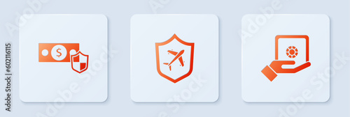 Set Plane with shield, Money and Safe in hand. White square button. Vector
