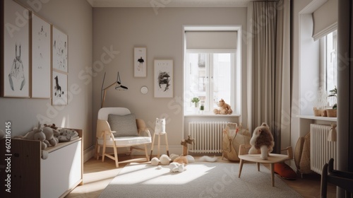 Nursery room with lots of natural light and pastel colors. Generative AI © Generative Professor