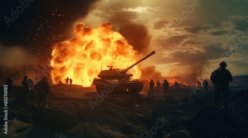 Explosion behind a tank on the battlefield during a war. Warfare illustration. Generative AI
