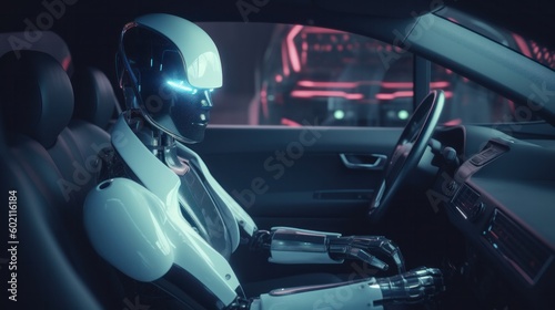 . AI Artificial Inteliigence Robot Driving a Car. Self Driving Cars Concept. Generative AIAI © Generative Professor