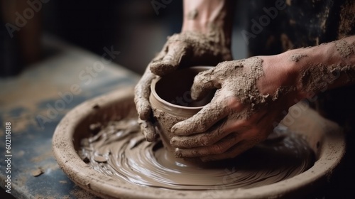 Close up of hands of a potter with clay. Generative AI