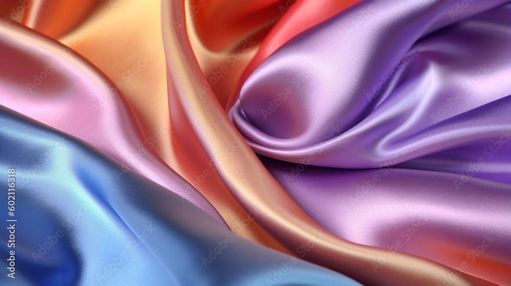 Pastel multicolour silk satin fabric texture background with sweeping ripples and folds. A.I. generated.
