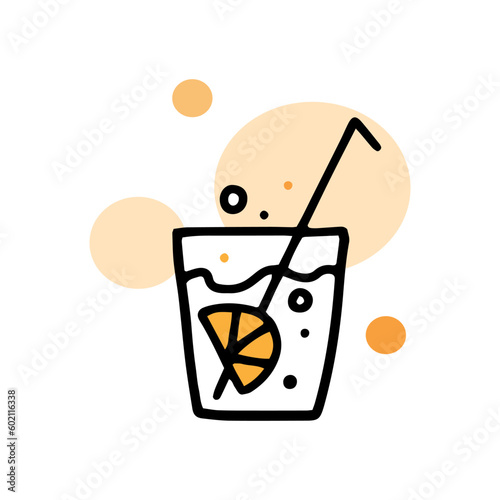 Cooling summer drink. Cocktail with lemon in glass. Orange juice with bubbles. Carbonated drink. Color vector illustration