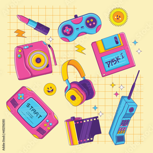 90's Pop Culture Sticker Cartoon Stuffs Objects with Cute Illustration