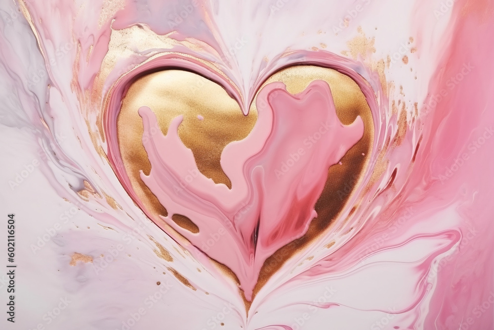 Abstract pink, white and gold alcohol ink art with heart.