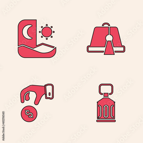 Set Ramadan Kareem lantern, fasting, Turkish hat and Donate or pay your zakat icon. Vector