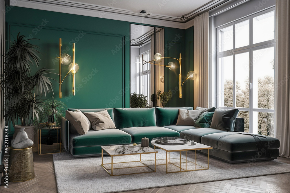 Modern minimalistic interior of the living room, green, white and golden colors. Super photo realistic background, generative ai illustration.