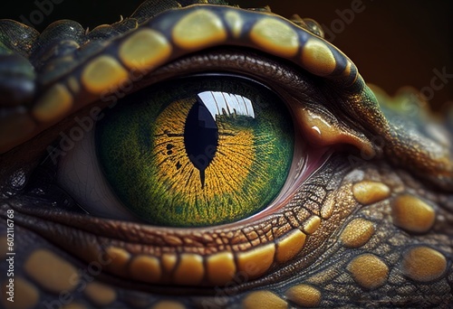 Eye of a crocodile close-up. Illustration by Generative AI.
