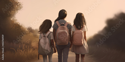 Back view of teenage girls with backpacks walking in countryside. Generative AI.