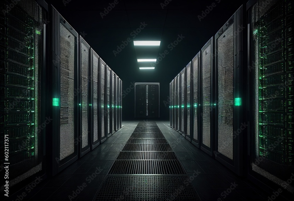 Modern server room, data center. Illustration by Generative AI.