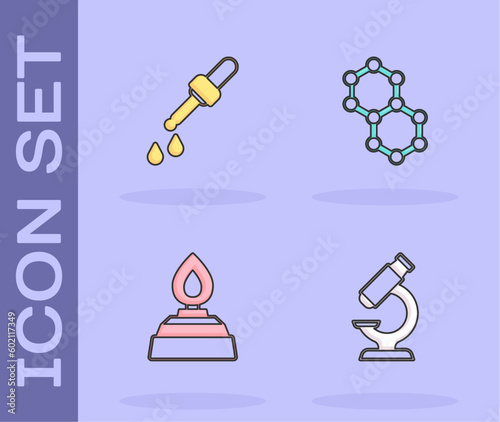 Set Microscope, Pipette, Alcohol or spirit burner and Molecule icon. Vector