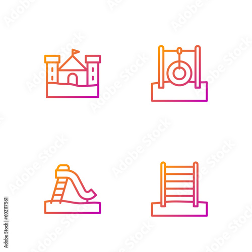 Set line Swedish wall, Kid slide, Sand castle and Car tire hanging on rope. Gradient color icons. Vector