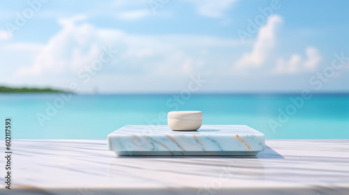A marble table with a blue sky and a marble base