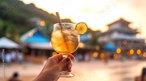 The female hand of a young girl holds a tropical cocktail in her hand in the rays of sunset. Generative AI
