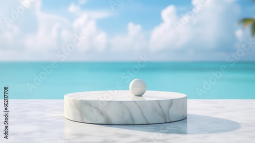 A marble table with a blue sky and a marble base © DLC Studio