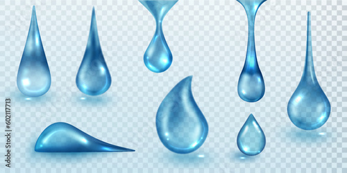 Blue drops translucent isolated on transparent background. Realistic vector liquid drips of cosmetic, oil, gel, vitamin and serum, collagen essence, water drop set