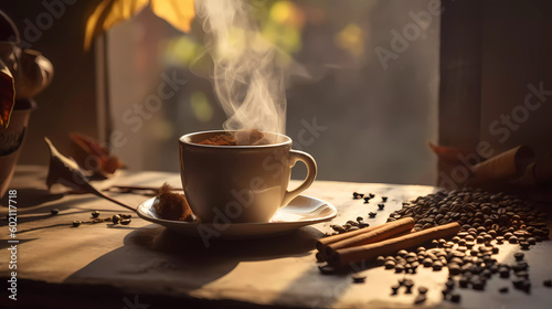 A cup of fragrant steaming coffee on the table among coffee beans.