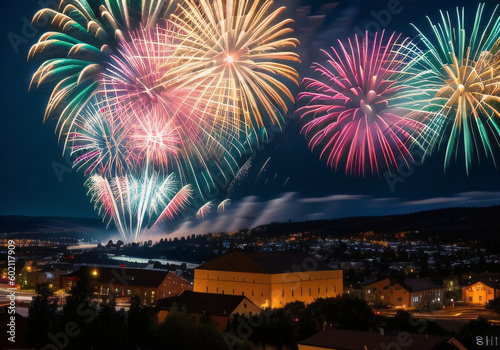 Firework display over historic town of Butte. Generative AI
