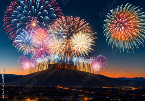 Firework display over historic town of Butte. Generative AI
