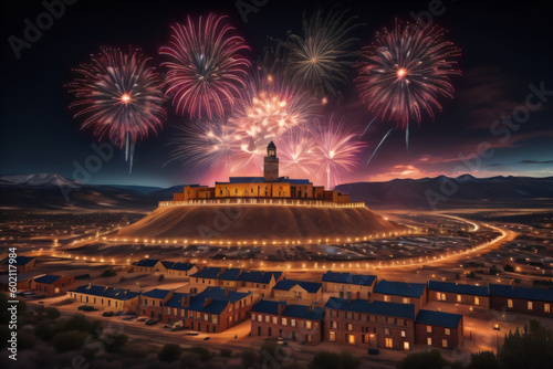 Firework display over historic town of Butte. Generative AI
