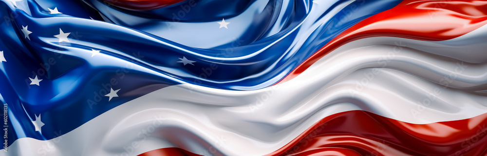 Fototapeta premium The American flag waves textures, shown close up, style of realistic trompe-l'oeil, poster. Generative AI.