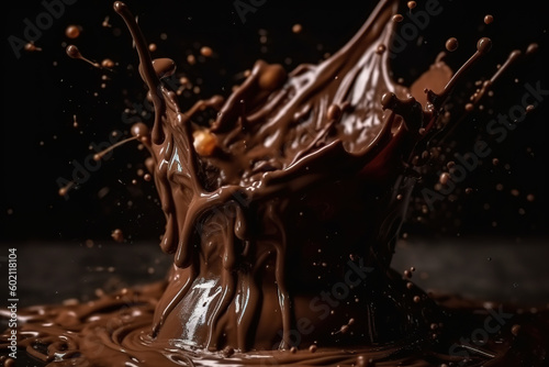 Illustration of melted hot chocolate background, melted dark chocolate flow. Liquid chocolate crown splash with ripples. Realistic 3D illustration. Generative AI
