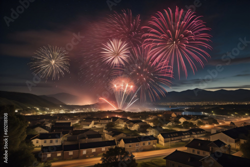 Firework display over historic town of Butte. Generative AI