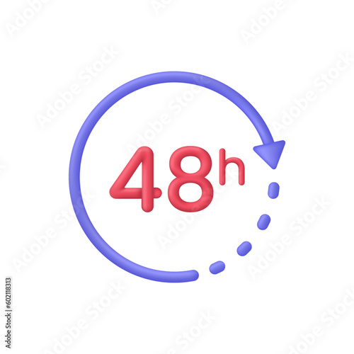 3D alarm clock 48 hours icon. Support service, working hours, delivery concept. Passage of time.