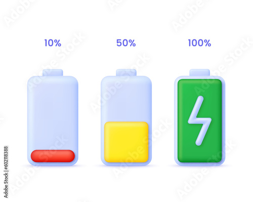 3D Battery charge indicator. Battery charge from low to high. Discharged and charged battery.
