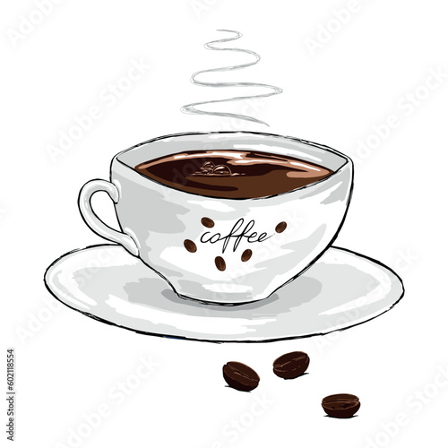 Filiżanka czarnej, aromatycznej kawy. Gorąca kawa w delikatnej, porcelanowej filiżance. Biała filiżanka z uszkiem, spodek i ziarna kawy. Rysunek wektorowy, ilustracja