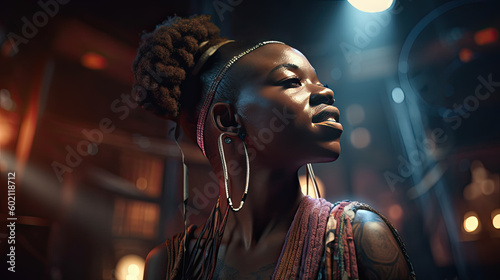 african woman singing in dark, ai generated, fictional character