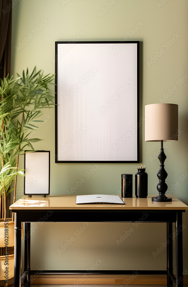 Blank white photo poster frame with black edge in modern, luxury beige brown wall room, wood working table desk, computer notebook, green bamboo tree glass vase in sunlight. Template background