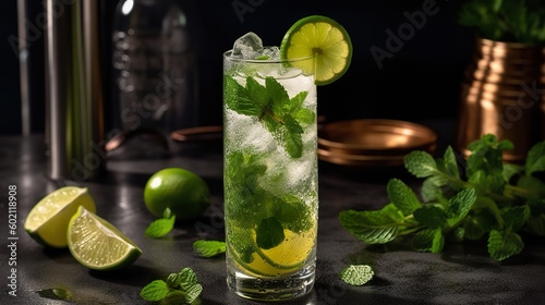 Coconut pineapple mojito cocktail artfully presented in a tall glass. Pineapple cocktail with ice tube. Realistic 3D illustration. Generative AI