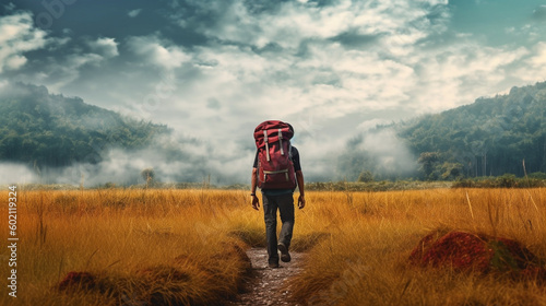 A man walking through a forest with a backpack on his back.