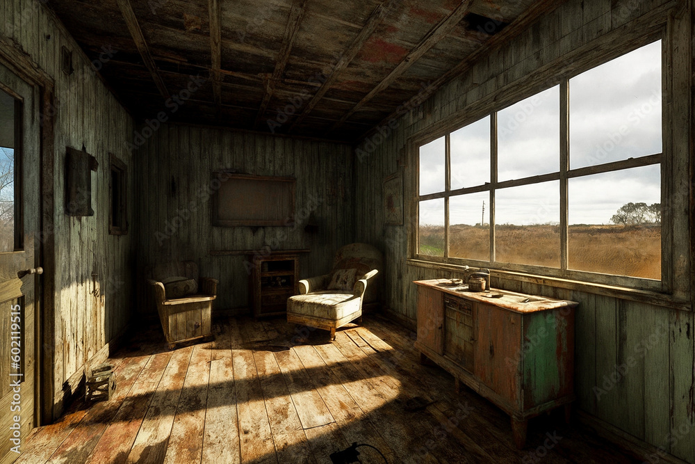 An old abandoned broken wooden house in the middle of the forest like a scene from a western movie. Concept of horror with ghosts. Generative AI. An old abandoned broken wooden house in the middle of the forest like a scene from a western movie. Concept of horror with ghosts. Generative AI.