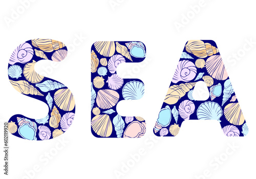 word sea with painted shells