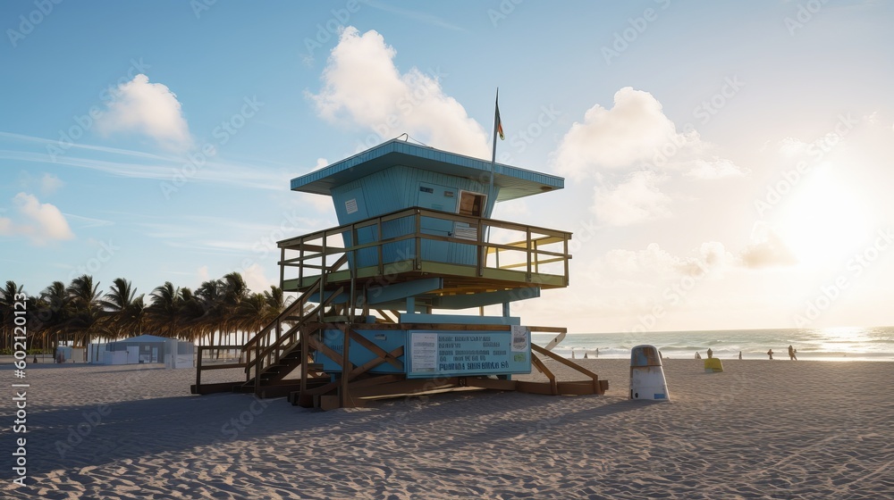 View of lifeguard tower and palm trees Generative AI View of lifeguard tower and palm trees Generative AI