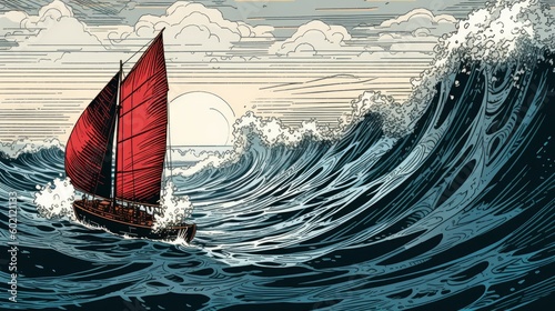 Generative AI Art: Graphic Novel-Inspired Sailboat on Wave, Kerem Beyit's Style with Dreamlike Illustrations photo