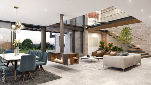 Area social de casa moderna sala y comedor con chimenea interna y vista al patio, 3D render